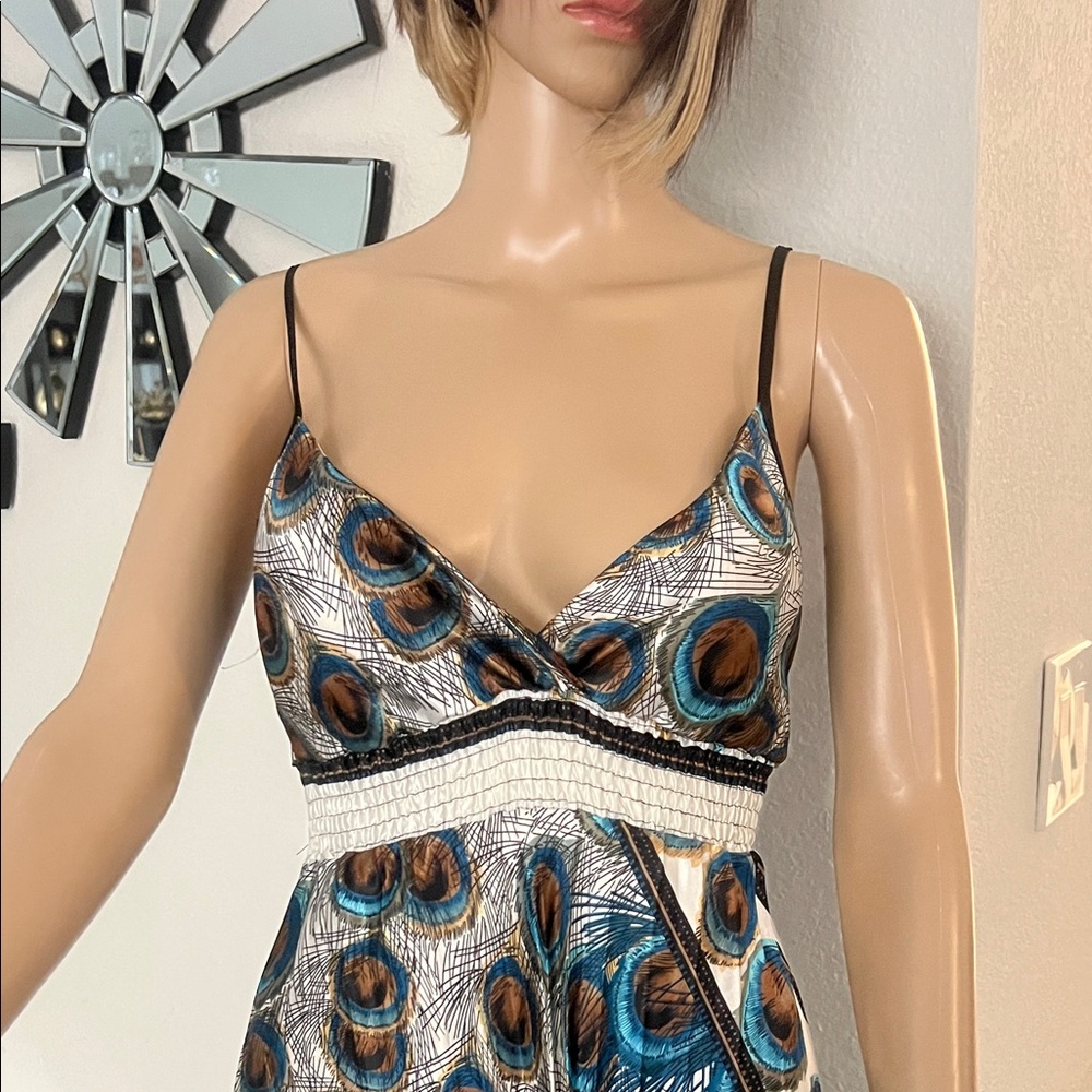 (STEP IN STYLE)Peacock Print Spaghetti Strap women’s Dress with Stretch Waist